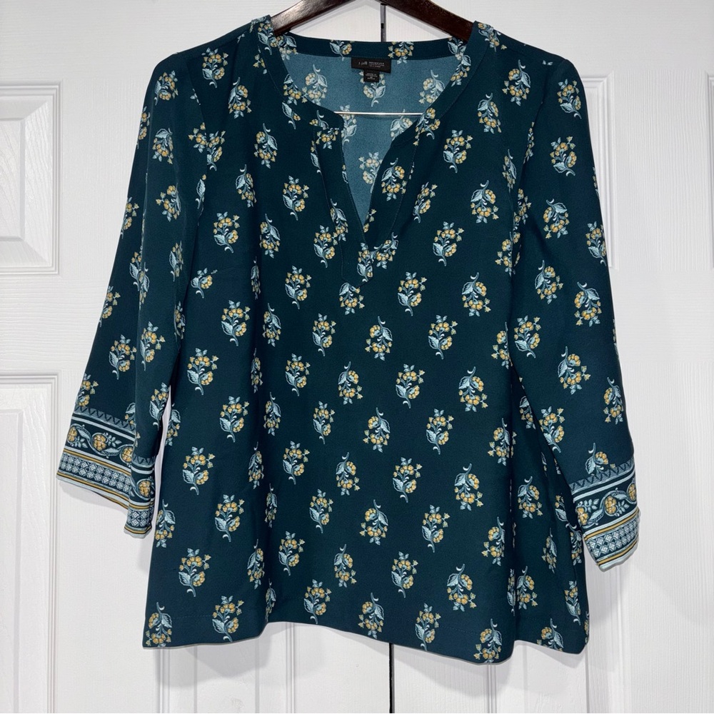 J. Jill Wearever Easy-Care Printed & Bordered Top Tunic Teal Gold Floral Boho M